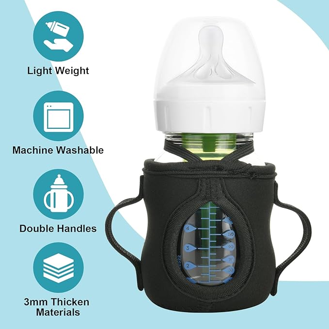 Beautyflier Glass Baby Bottle Sleeve Covers for Dr. Brown's Natural Flow Anti-Colic Wide-Neck Glass Baby Bottles, 3.3mm Thicken Heat and Cold Retention Baby Bottle Sleeve (Black, 2pcs, 5oz/150 mL)