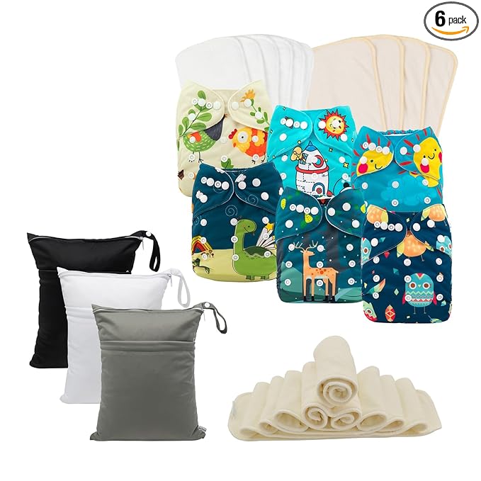babygoal Reusable Cloth Diapers 6 Pack+22 Inserts+3pcs Wet Bags, One Size Adjustable Washable Pocket Nappy Covers for Baby Boys,Rash-Free