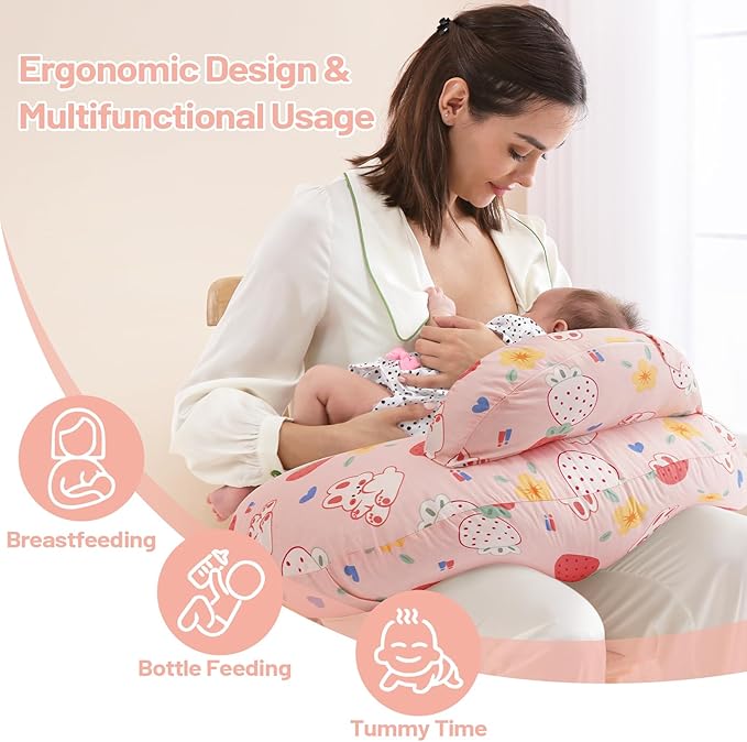 AMASKY Nursing Pillow for Breastfeeding, Animal Patterns Removable Cotton Cover, Machine Washable, Strawberry Pattern (Candy Pink), Pallet of Product