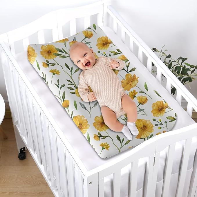 Yellow Flowers Changing Pad Cover Soft Waterproof Nursery Pad Change Cover Lightweight Cozy Stretchy Changing Table Cover for Boys Girls