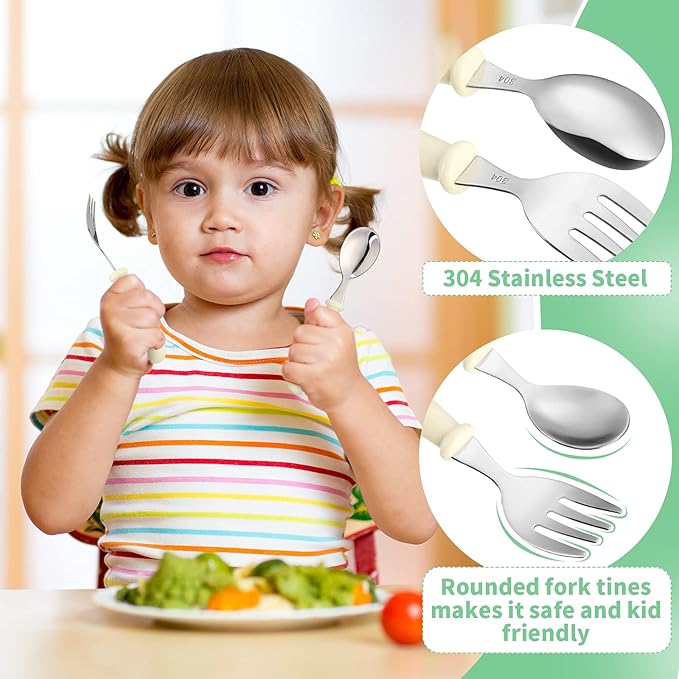 Patelai 9 Pcs Toddler Utensils with Case Stainless Steel Fork and Spoon Set Safe Baby Silverware Children Flatware Kids Cutlery with Round Handle for Lunchbox, Dishwasher Safe(White, Rose Red, Blue)
