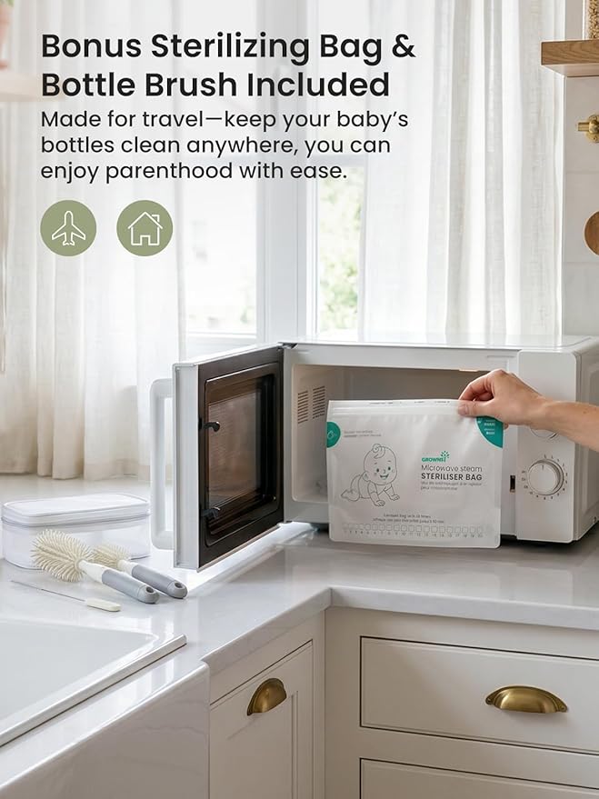 Grownsy Bottle Sterilizer and Dryer, 6 Bottles Capacity, Space Saving Nesting Design Bottle Sanitizer Esterilizador de Biberones for All Size Bottles & Breast Pump Accessories, Travel Set Included