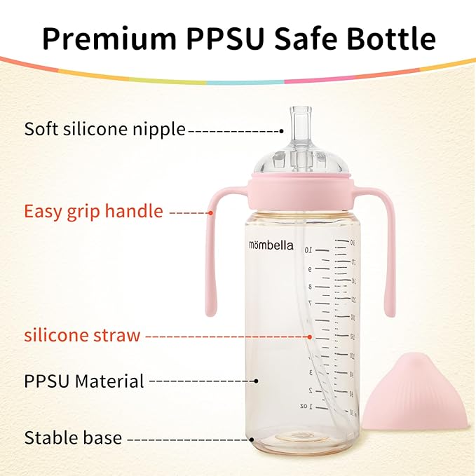 Mombella Classic 2 in 1 Baby Bottle & Straw Cup with Handle, PPSU Baby Bottles & Sippy Cup, Skinsoft Silicone Nipple Milk Feeding Bottle for Babies 6 Months+, Easy Grip, Leak-Proof, 10oz, Pink