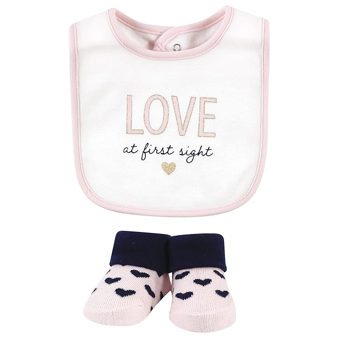 Hudson Baby Unisex Baby Cotton Bib and Sock Set, Love At First Sight, One Size