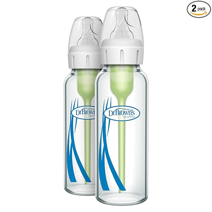 Dr. Brown's Anti-Colic Options+ Narrow Glass Baby Bottle with Level 1 Slow Flow Nipple, BPA-Free, 8 oz/250 mL, 0m+, 2 Count, 1-Pack
