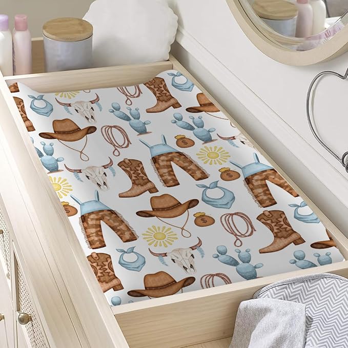 Baby Western Cowgirl Cowboy Changing Pad Covers for Boy Girl 32''x16'' Desert Cowboy Hat Boot Sun Cactus Fitted Diaper Changing Table Pad Sheets Soft Breathable Baby Change Table Mat
