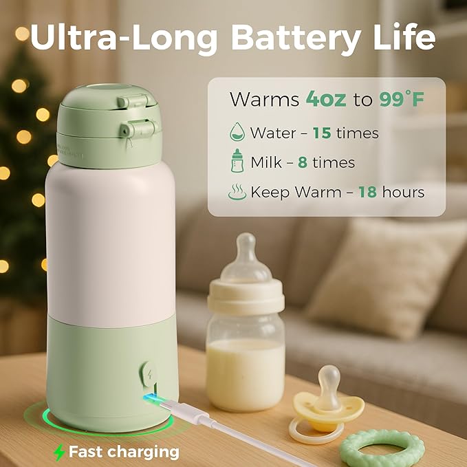 HEYAXA Portable Bottle Warmer for Travel, 15oz Capacity Baby Bottle Warmer with Fast Heating, 12000mAh Battery & Fast Charger, Pasteurization for Hygiene, Precise Temp Control, Leak-Proof