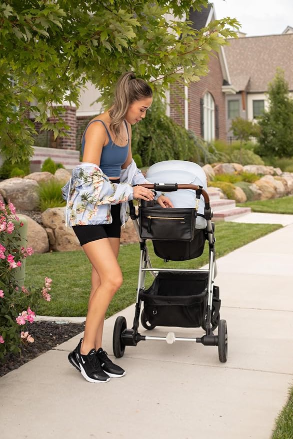 FAWN DESIGN The Stroller Caddy, Premium Matte Faux Leather Stroller Organizer with Cup Holder, Black Diaper Bag with Adjustable Stroller Straps, 2 Exterior Pockets 1 Zipper Pocket, 14x 5x 7 inches