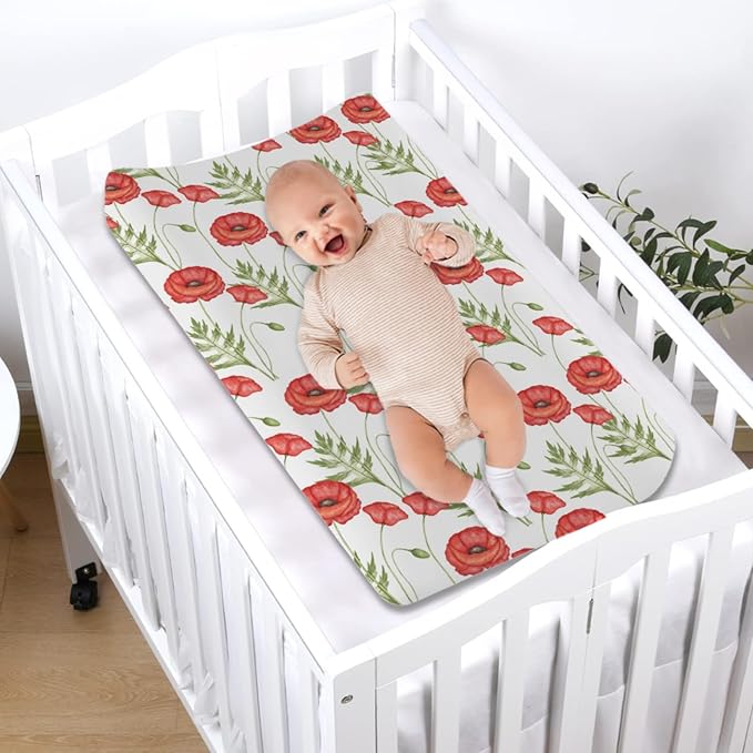 Boho Retro Poppy Flowers Leaves Baby Changing Pad Covers for Boy Girl 32''x16'' Red Poppy Floral Spring Blossom Fitted Diaper Change Table Sheet Wild Plants Soft Breathable Nursery Changing Table Mats