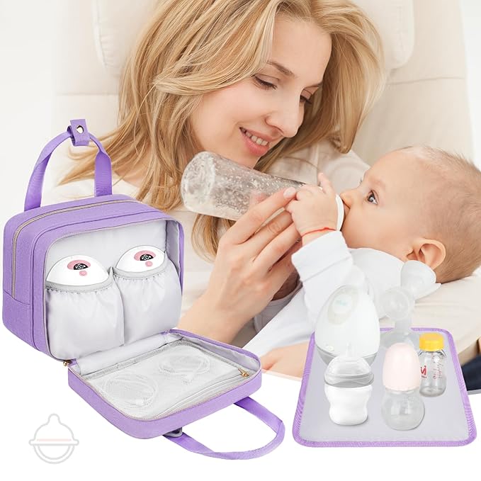 Wearable Breast Pump Bag with Cooler Compartment Compatible with Momcozy M5/S12 Pro, Elvie & Medela Pump in Style, Carrying Case with a Ice Pack & Waterproof Mat for Breast Pump and Accessories,Purple