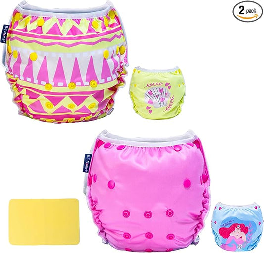 EZ Moms Baby Swim Diapers Reusable 2Pcs Large Size Snap Adjustable Washable One Size Toddler Swim Diaper with a Shammy Towel for Baby Girl Water Diaper Waterproof Swimming Diapers for Swimming Lessons