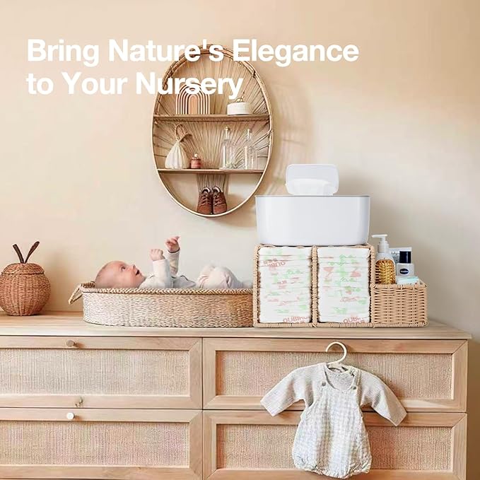 Diaper Caddy Organizer, Hand Rattan Nursery Storage Basket for Baby Essentials, Baby Changing Table Organizer Perfect Nursery Assistant (Natural Woven, M)