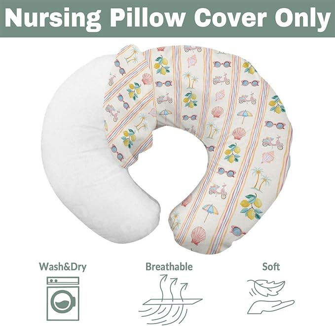Boho Summer Beach Baby Nursing Pillow Covers for Girl Retro Lemon Palm Tree Sunglass Seashells Nursery Pillowcase for Breastfeeding Pillows Coastal Seaside Soft Stretchy Slipcovers for Newborn Infant