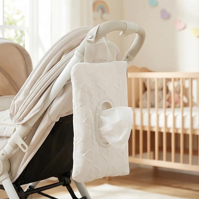 Quilted Baby Wipe Holder, Canvas Floral Quilted Pouch with Hanging Strap, Portable Diaper Wipe Holder for Travel Stroller-Heart White