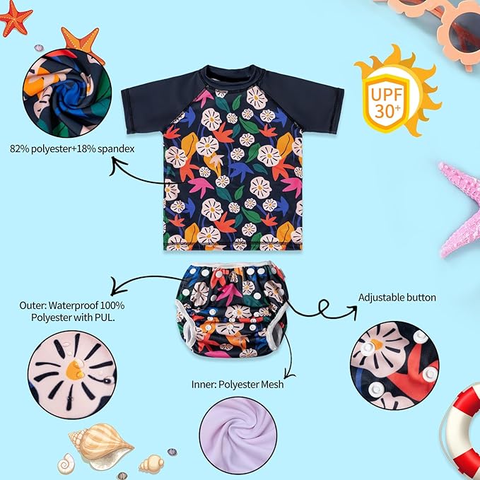 ALVABABY Baby Girl Swimsuit, 2-Piece Infant Toddler Bathing Short Sleeve Swimwear, Large Baby Reusable Swim Diaper with Matching Top