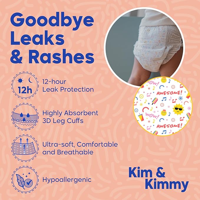 Kim & Kimmy Eco Diaper Pants, Size 4, 20-31 lbs, 44 Pants - 12 Hour Leak Protection, No Rashes, Hypoallergenic, Ultra-Soft & Highly Absorbent - Cruelty Free & Vegan - Summer Icons