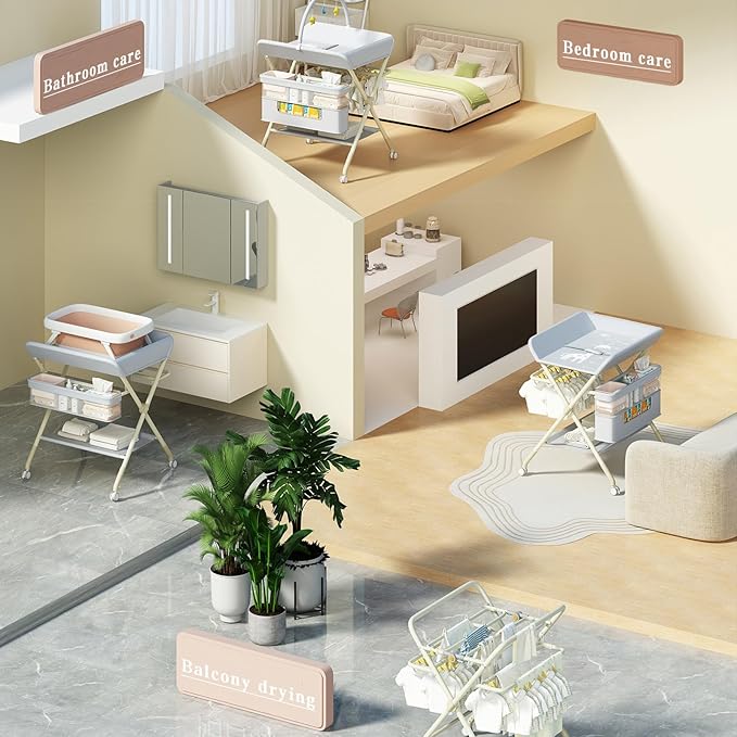 Changing Table, Portable Baby Changing Table with Wheels, Upgraded Foldable Diaper Changing Station with 5-Level Adjustable Height & Large Nursery Organizer Storage for Newborn Infant (Beige)