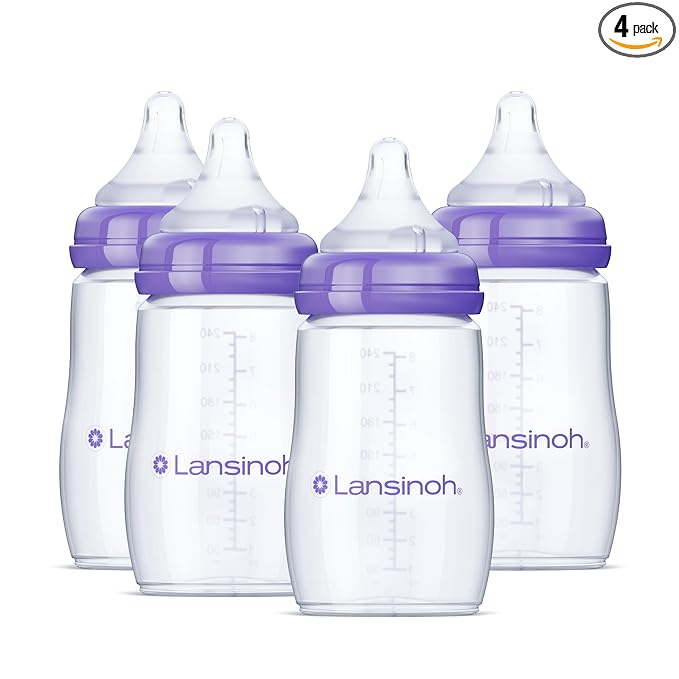 Lansinoh Anti-Colic Baby Bottles, BPA-Free Plastic, 8 Ounces, 4 Count, Medium Flow Nipples (Size M), Breastfeeding Bottle with NaturalWave Design