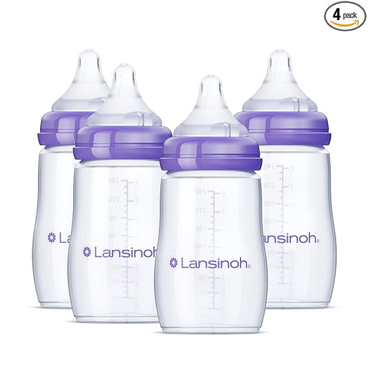 Lansinoh Anti-Colic Baby Bottles, BPA-Free Plastic, 8 Ounces, 4 Count, Medium Flow Nipples (Size M), Breastfeeding Bottle with NaturalWave Design