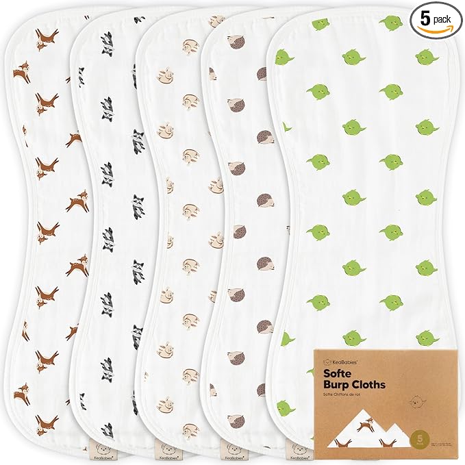 5-Pack Muslin Burp Cloths Baby Boy, Girl - Very Absorbent Baby Burp Cloth Rags, 8-Layers Viscose Derived from Bamboo Cotton Muslin Towel, Super Soft Spit Up Rags, No Shrink Washcloths (KeaFriends)