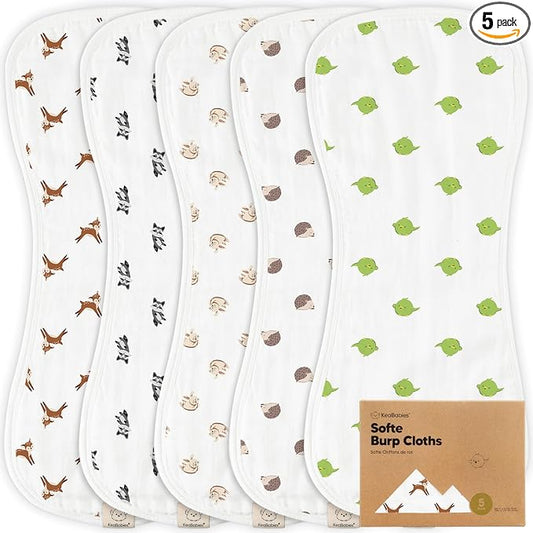 5-Pack Muslin Burp Cloths Baby Boy, Girl - Very Absorbent Baby Burp Cloth Rags, 8-Layers Viscose Derived from Bamboo Cotton Muslin Towel, Super Soft Spit Up Rags, No Shrink Washcloths (KeaFriends)