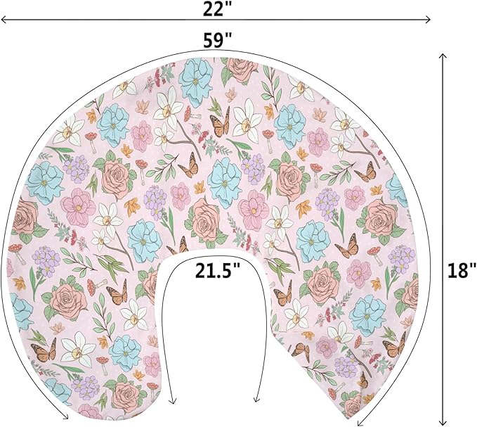 Vintage Wildflowers Baby Nursing Pillow Covers for Boy Girl Pink Floral Leaves Mushroom Butterflies Nursery Pillowcase for Breastfeeding Pillows Spring Garden Soft Stretchy Slipcovers for Newborn