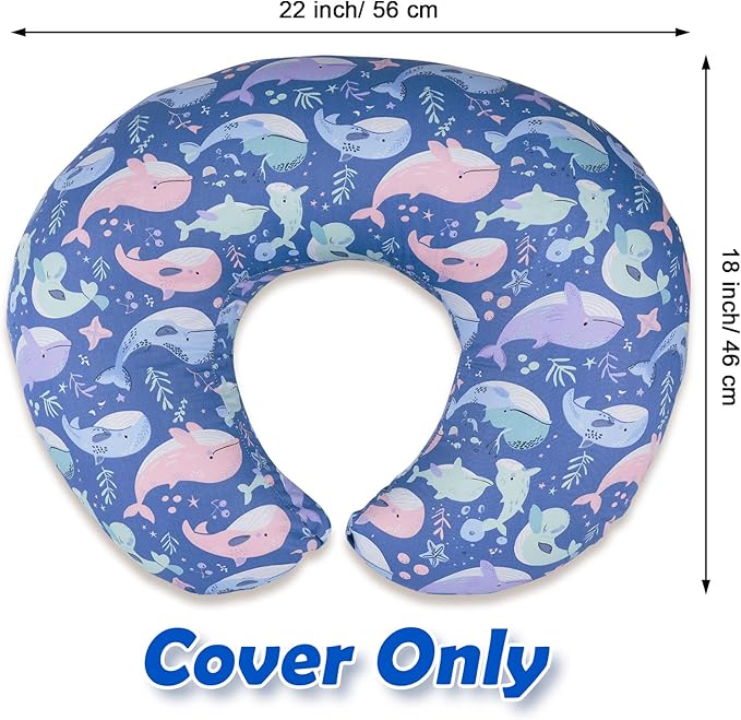 Nursing Pillow Cover, Compatible with Boppy Nursing Pillow Original Size, Breastfeeding Pillow Slipcover for Baby Boys & Girls, Organic Cotton, Machine Washable & Breathable, Blue Whale