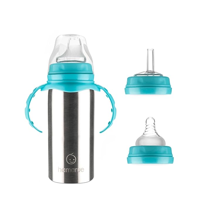 3-in-1 Stainless Steel Newborn Baby Bottle – Grows into Sippy and Straw Cup, Leak-Proof Insulated, Ages 0–4, 6 oz Teal