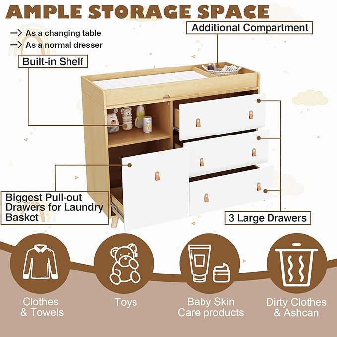 Timechee Baby Dresser Changing Table with Drawers,Shelf,Hidden Laundry Basket Storage,2 in 1 Nursery Dresser Chest for Infants, Baby Diaper Changing Station for Daycare,Bedroom,Natural