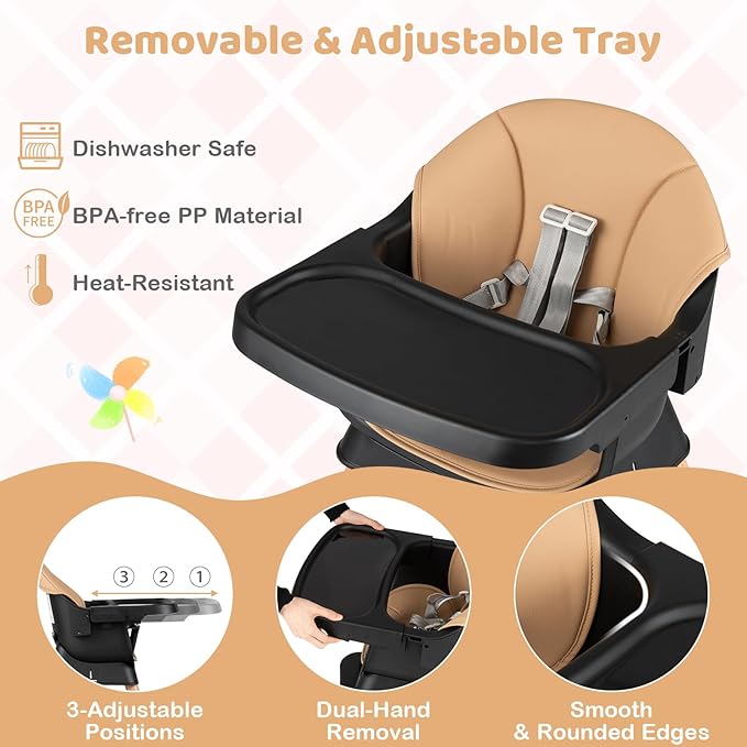 BABY JOY High Chair, 9-in-1 Convertible Highchairs for Babies and Toddlers, Booster Seat | Table & Chair Set | Stool, Adjustable Legs, Removable Tray, Safety Harness & PU Cushion (Brown)