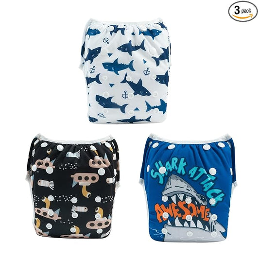 ALVABABY Large Swim Diapers Baby & Toddler Snap One Size Reusable Adjustable Baby Boy (Summer Vacation Large 3ZSWY16