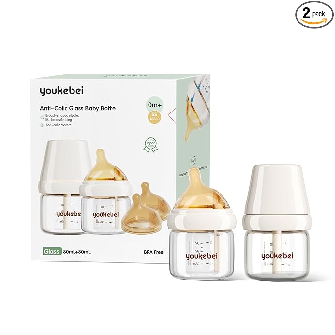 Small Glass Baby Bottle for Newborn Breastfeeding Babies, Preemie & Extra Slow Flow Nipples (SS), Anti-Colic, Breast-Like, 0 Months+, 3 oz, 2 Pack