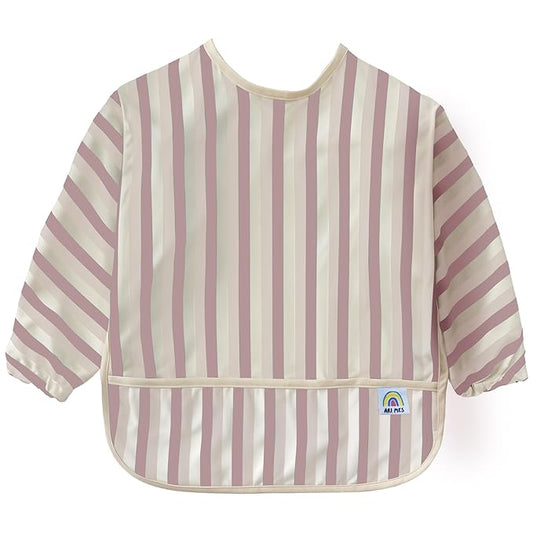 ARI MES Waterproof Long Sleeve Baby Bib for Eating-Pink Stripes Pattern, Large-Toddler Smock with Catch-All Pocket, BPA Free, Machine Washable, Wearable Feeding Bib for Boys & Girls 6-72 Months