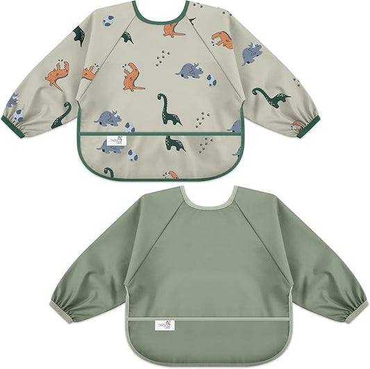 Long Sleeve Baby Bib, Waterproof Fabric, Catch-All Pocket, Baby Smock Bib, Adjustable Sleeves
