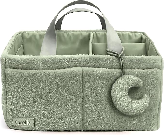 Orelle Bouclé Diaper Caddy Organizer with Matching Pouch & Moon Pendant | Teddy Portable Changing Table Organizer | Sage Green Diaper Caddy | Must-Have Baby Shower Gifts | Sage Green