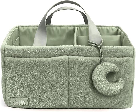 Orelle Bouclé Diaper Caddy Organizer with Matching Pouch & Moon Pendant | Teddy Portable Changing Table Organizer | Sage Green Diaper Caddy | Must-Have Baby Shower Gifts | Sage Green