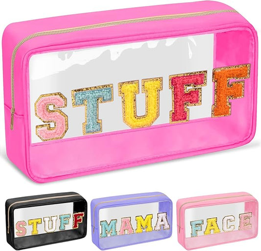 Chenille Letter Clear Makeup Bags Stuff Pouch, Preppy Patch Makeup Bag with Zipper, Transparent PVC & Nylon Waterproof Portable Glitter Cosmetic Bag Travel Toiletry Storage for Women Girl(STUFF-Rose)