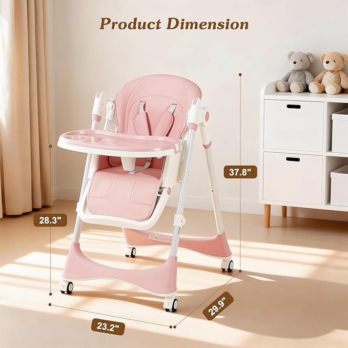 3-in-1 Baby High Chair | Convertible Baby High Chair for Babies and Toddlers | Brake Wheels, Easy Clean, Space Saving | Adjustable, Removable Tray (Pink)