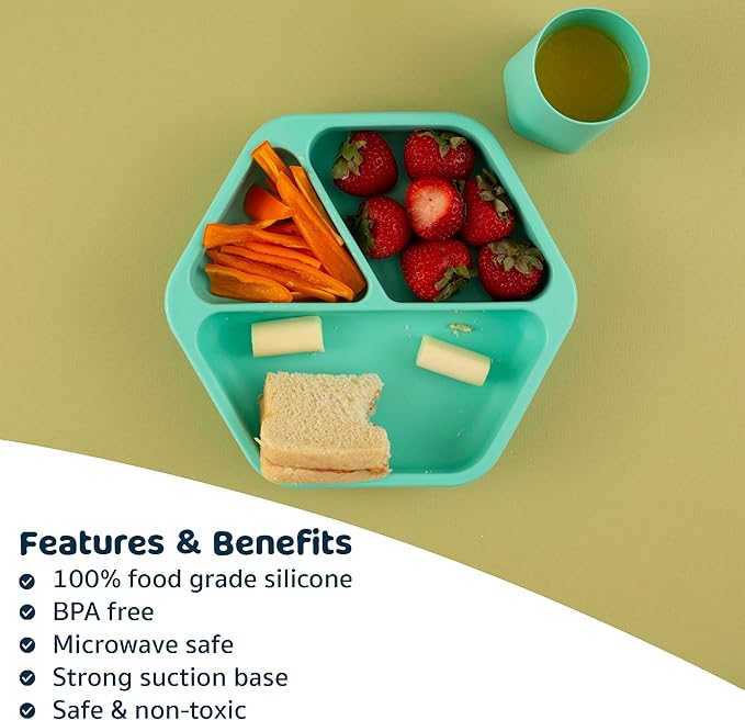 Tiny Twinkle Silicone Suction Baby Plate, Suction Grip Divided Dish for First Foods and Self-Feeding Toddlers, Baby Led Weaning Supplies for Independent Eating (Mint Plate with Lid)