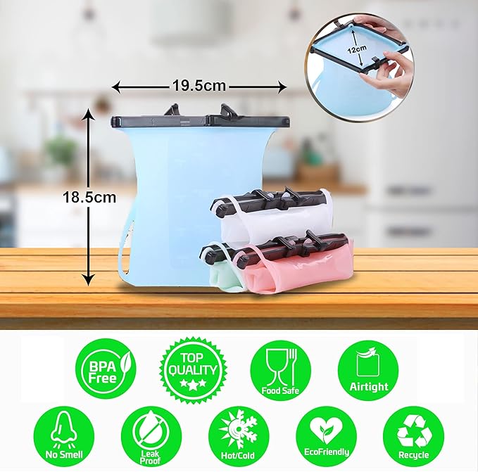 Reusable Silicone Stand-Up Food Storage Bags (Set of 3) Airtight Leakproof Microwave Freezer Dishwasher Safe Bags (Blue + Pink + White, 33 Oz)