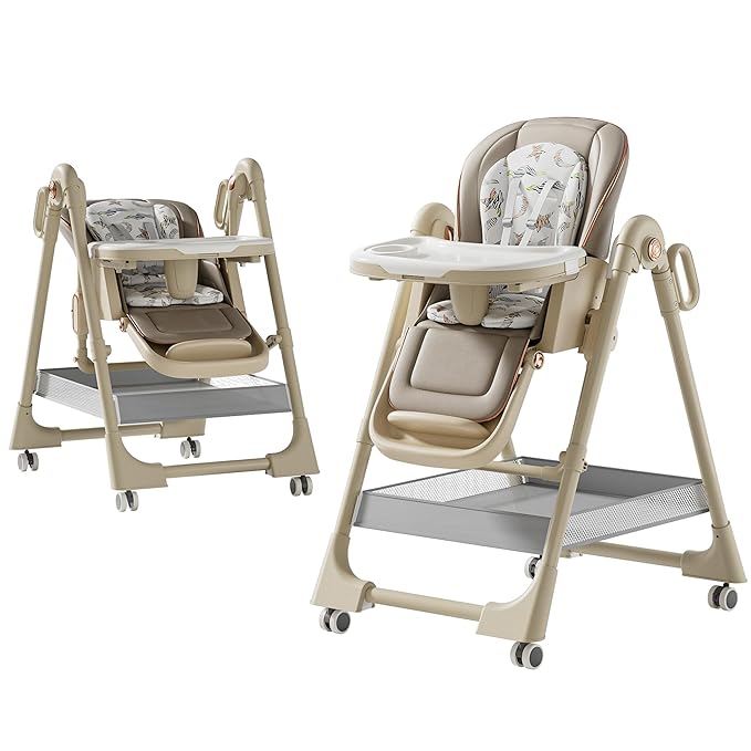 Nine point nine PU Leather Highchair, High Chairs for Babies and Toddlers, Adjustable Baby High Chair, Easy to Fold Baby Chair (X8122 Khaki)