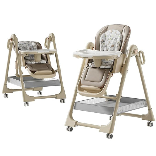 Nine point nine PU Leather Highchair, High Chairs for Babies and Toddlers, Adjustable Baby High Chair, Easy to Fold Baby Chair (X8122 Khaki)