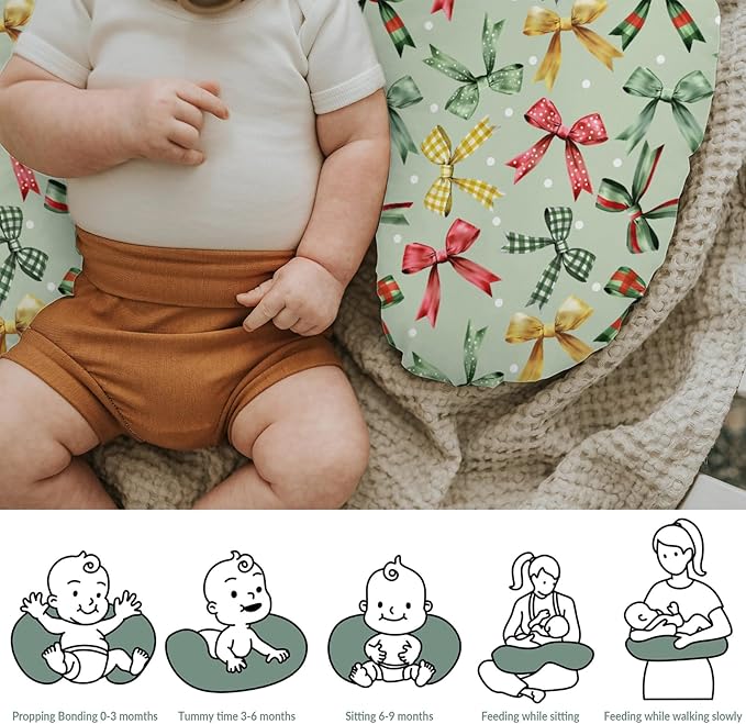 Christmas Bows Baby Nursing Pillow Covers for Boy Girl Winter Bows Plaids Nursing Pillow Slipcovers for Breastfeeding Pillows Girly Christmas Ribbons Soft Stretchy Removable Covers for Newborn Infant