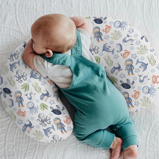 Sea Animal Baby Nursing Pillow Cover for Boy Girl Diver Turtle Jellyfish Whale Sea Weeds Starfish Nursing Slipcover for Breastfeeding Pillows Cute Ocean Animals Soft Stretchy Cover for Newborn Infant