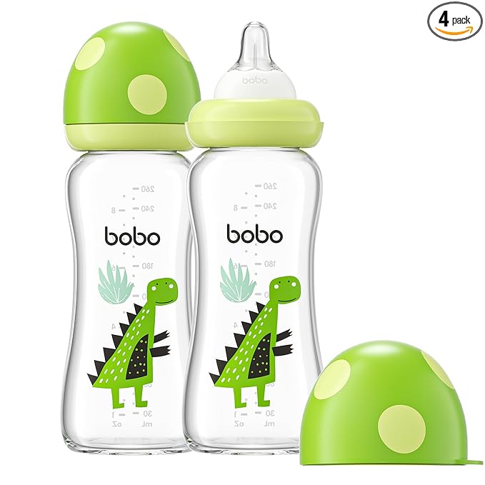 YOHKOH Natural Glass Baby Bottle with Level 2 Medium Flow Nipple, Newborn Anti-Colic Baby Bottles, Wide Neck Mushroom Baby Glass Bottle (8.8ounce (Pack of 2), Green2)