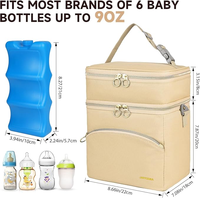 Breastmilk Cooler Bag with Ice Pack, Insulated Baby Bottle Tote Bags Fits 6 Bottles Up to 9 Ounce, Double Layer Breastmilk Travel Carrying Case for Nursing & Working Mom
