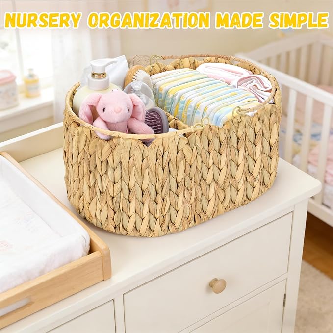 Large Baby Diaper Caddy Organizer, Portable Wicker Water Hyacinth Storage Basket with Handles and Divided Sections, Nursery Tray for Diapers Baby Essentials, Baby Shower Gifts