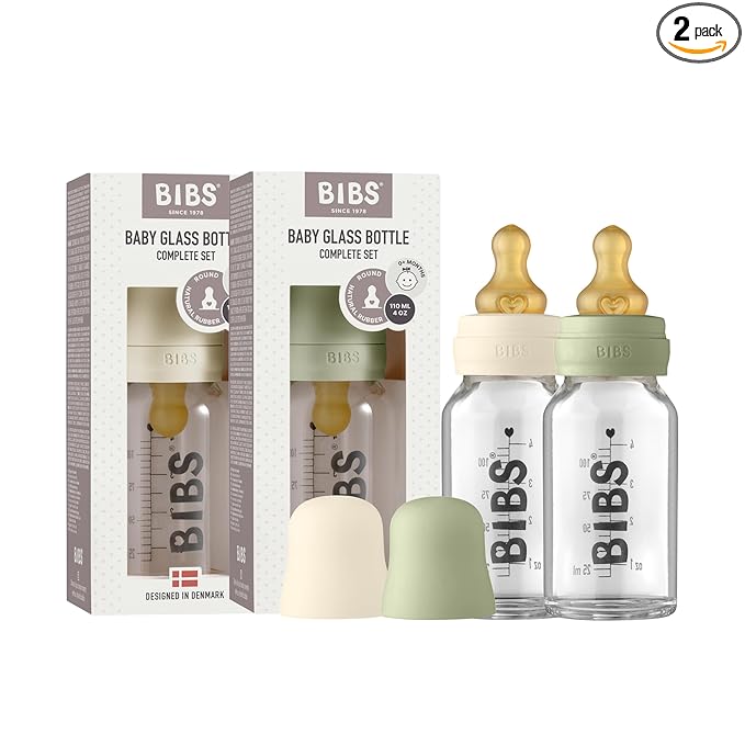 Bibs Baby Glass Bottle | Newborn Anti-Colic Baby Bottles | Borosilicate Glass with a Natural Vented Round Natural Rubber Latex Nipple | Consistent Flow Rate | 3.7 oz/110 ml | 2 Pack | Ivory/Sage