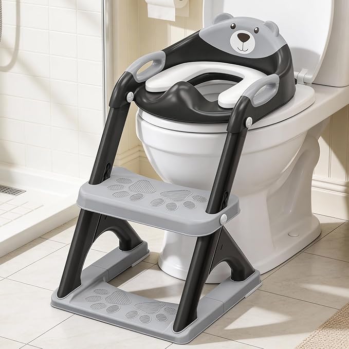 Potty Training Seat with Step Stool Ladder, Toddler Toilet Seat for Boys Girls, Adjustable 6 Heights Fits Round & Elongated Toilets, Anti-Slip Pads & Leak-Proof Guard