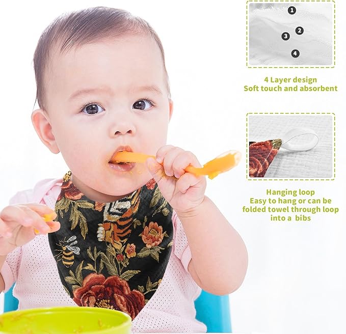 vvfelixl Tiger Bee Flower Baby Burp Cloths Baby Muslin Washcloths for Boys Girls Cotton Babys Face Towel for Newborn Infants Soft and Absorbent 11.8 X 11.8 in, 5 Pack